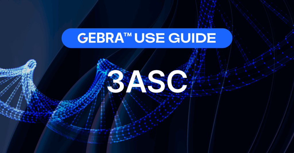 Digital illustration showing GEBRA 3ASC, an AI-powered genomic interpretation system that prioritizes genetic variants. The design features a glowing DNA double helix representing data analysis and clinical insight.
