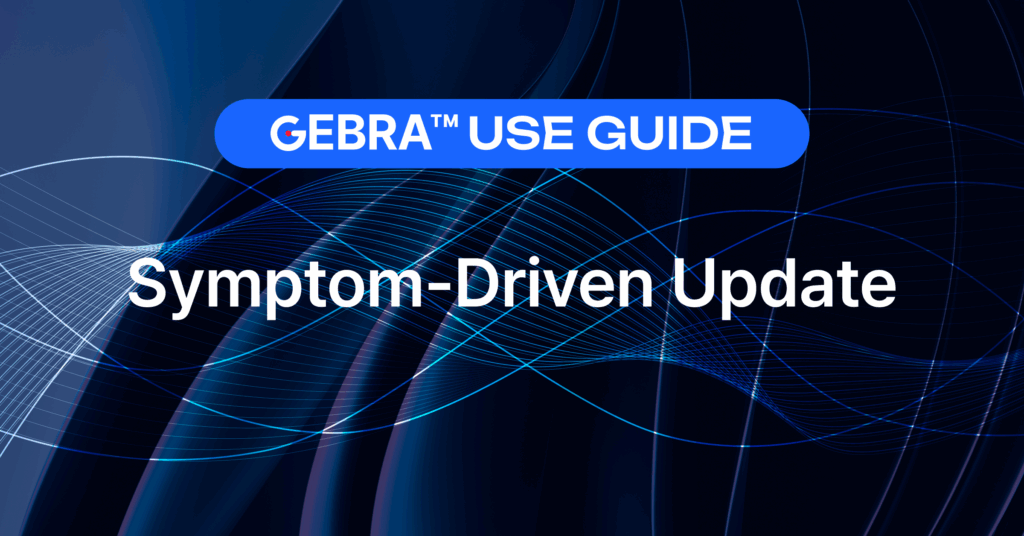 Dark abstract background with blue neural wave lines and text 'GEBRA Use Guide: Symptom-Driven Update' showing the AI-based variant reprioritization feature responding to updated patient symptoms.